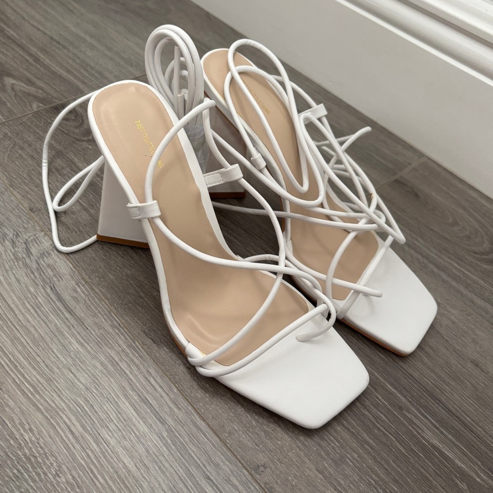 PrettyLittleThing White Lace Up Block Heel Sandals | Square Toe Strappy Heels